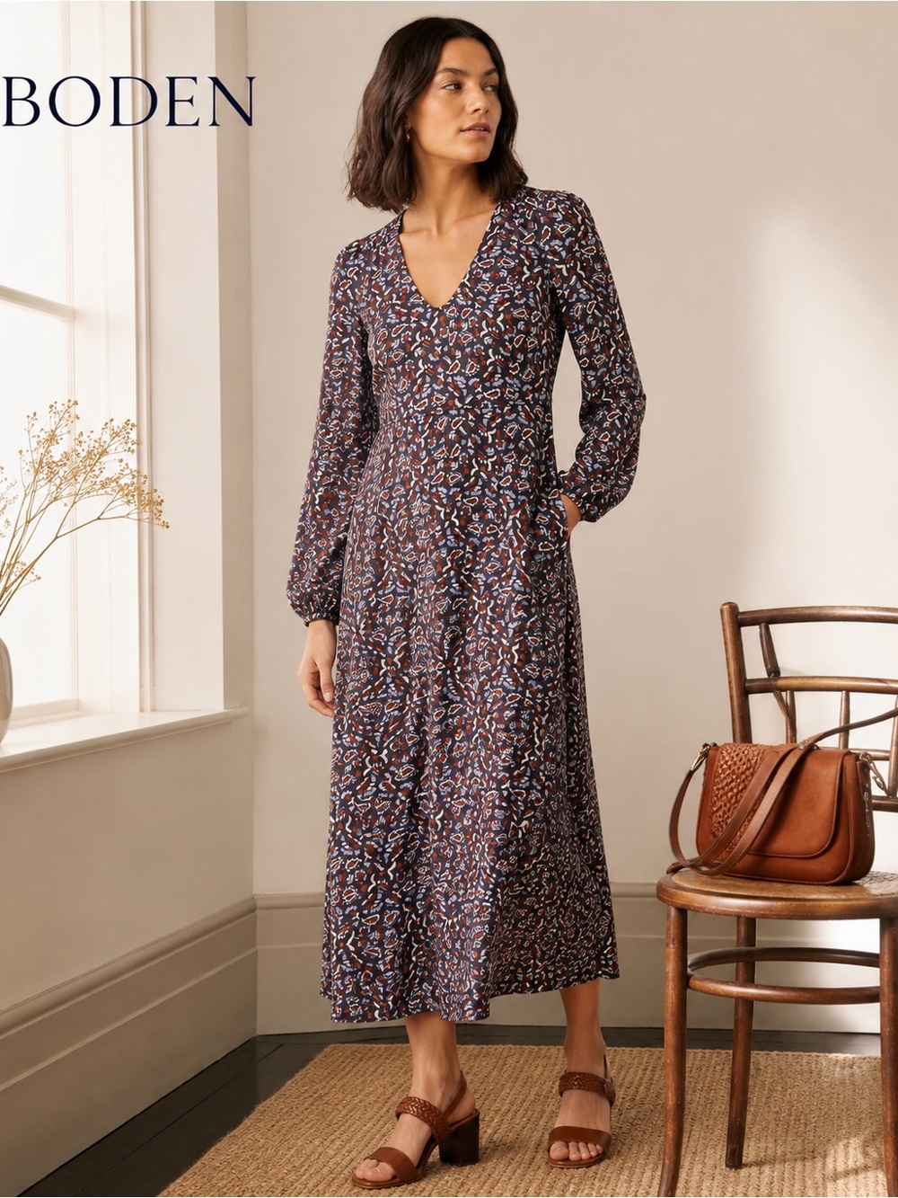 Boden Tanya Midi Dress 14 Navy Floral Paisley Long Sleeve Pockets Viscose